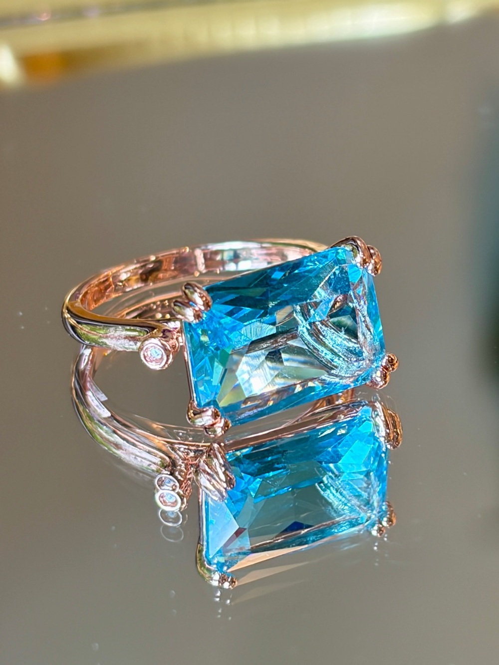 New Radiant Cut Simulated Aquamarine Rose Color Cocktail Statement Ring size 7 - Picture 4 of 7